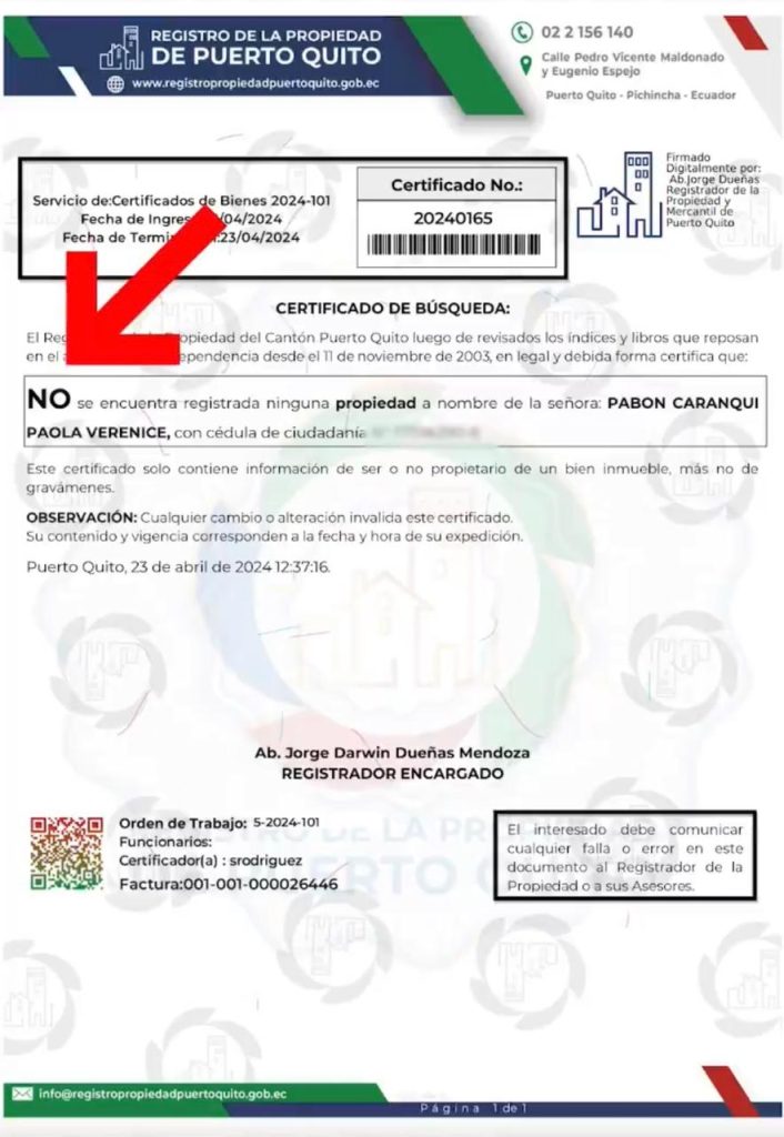 Certificado del registro de la propiedad que presentó Paola Pabón. 
